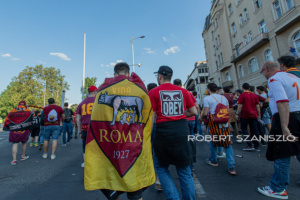 Roma fans with flag before the UEFA Europa League final at Puskás Aréna on May 31, 2023 in Budapest, Hungary.
