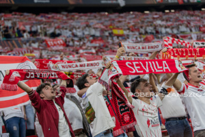 Sevilla fans and flags before the UEFA Europa League final at Puskás Aréna on May 31, 2023 in Budapest, Hungary.
