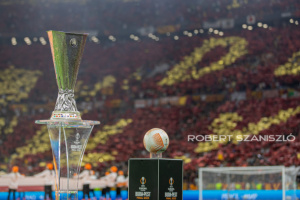 The Trophy and the official ball before the UEFA Europa League final at Puskás Aréna on May 31, 2023 in Budapest, Hungary.
