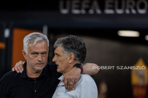 Roma's coach José Mourinho and Sevilla's coach José Luis Mendilibar talk before the UEFA Europa League final at Puskás Aréna on May 31, 2023 in Budapest, Hungary.
