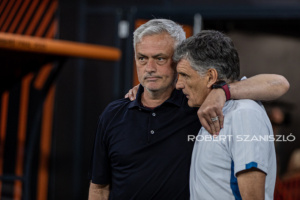 Roma's coach José Mourinho and Sevilla's coach José Luis Mendilibar talk before the UEFA Europa League final at Puskás Aréna on May 31, 2023 in Budapest, Hungary.
