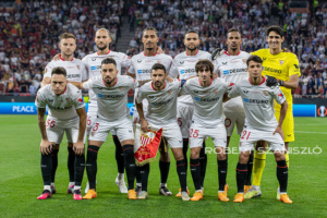 Team Sevilla before the UEFA Europa League final at Puskás Aréna on May 31, 2023 in Budapest, Hungary.
