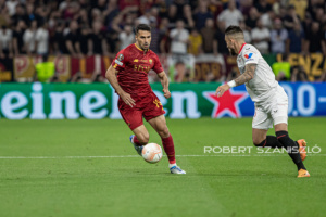 Zeki Çelik of Roma competes for the ball during the UEFA Europa League final at Puskás Aréna on May 31, 2023 in Budapest, Hungary.
