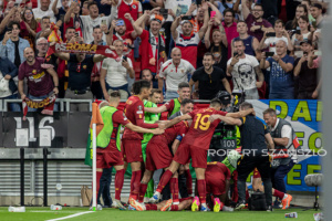 Team Roma celebrate Paulo Dybala's goal during the UEFA Europa League final at Puskás Aréna on May 31, 2023 in Budapest, Hungary.
