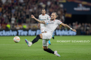 Nemanja Gudelj of Sevilla competes for the ball during the UEFA Europa League final at Puskás Aréna on May 31, 2023 in Budapest, Hungary.
