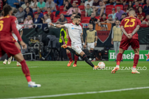 Alex Telles of Sevilla shots during the UEFA Europa League final at Puskás Aréna on May 31, 2023 in Budapest, Hungary.
