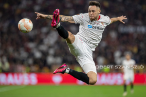 Lucas Ocampos of Sevilla competes for the ball during the UEFA Europa League final at Puskás Aréna on May 31, 2023 in Budapest, Hungary.

