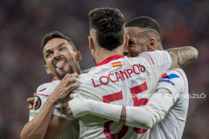 Jesús Navas of Sevilla and mates celebrate the goal during the UEFA Europa League final at Puskás Aréna on May 31, 2023 in Budapest, Hungary.
