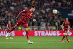 Chris Smalling of Roma competes for the ball during the UEFA Europa League final at Puskás Aréna on May 31, 2023 in Budapest, Hungary.
