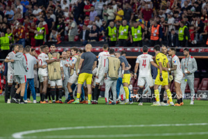 Team Sevilla discussion before penalty cicks at the UEFA Europa League final at Puskás Aréna on May 31, 2023 in Budapest, Hungary.
