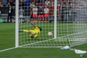 Goalkeeper of Sevilla Yassine Bounou saves during penalty kicks the UEFA Europa League final at Puskás Aréna on May 31, 2023 in Budapest, Hungary.
