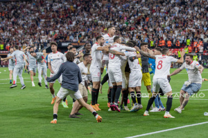 Team Sevilla and fans celebrate the victory after the UEFA Europa League final at Puskás Aréna on May 31, 2023 in Budapest, Hungary.

