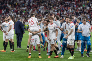 Team Sevilla and fans celebrate the victory after the UEFA Europa League final at Puskás Aréna on May 31, 2023 in Budapest, Hungary.
