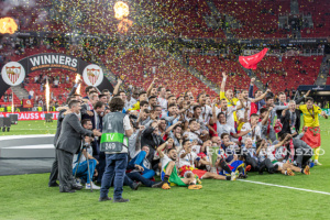 Team Sevilla celebrate the victory after the UEFA Europa League final at Puskás Aréna on May 31, 2023 in Budapest, Hungary.
