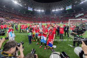 Sevilla's players shows the trophy to the fans after the UEFA Europa League final at Puskás Aréna on May 31, 2023 in Budapest, Hungary.
