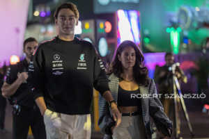 George Russel of Great Britain and Mercedes AMG Petronas F1 Team driver and his girlfriend Carmen Montero Mundt arrive to the paddock before the practice session at Formula 1 Heineken Silver Las Vegas Grand Prix on Nov 16, 2023 in Las Vegas, USA.
