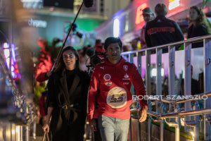 Carlos Sainz of Spain and Scuderia Ferrari driver and his girlfriend Isabel Hernaez arrive to the paddock before the practice session at Formula 1 Heineken Silver Las Vegas Grand Prix on Nov 16, 2023 in Las Vegas, USA.
