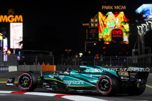 Lance Stroll of Canada and Aston Martin Aramco Cognizant F1 Team driver goes during the practice session at Formula 1 Heineken Silver Las Vegas Grand Prix on Nov 16, 2023 in Las Vegas, USA.
