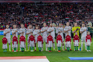 Team Hungary during the National anthem before the friendly match at Puskás Aréna on March 26, 2024 in Budapest, Hungary.