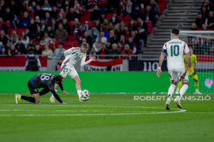 Marton Dárdai of Hungary competes for the ball with Vedat Muriqi of Kosovo  during the friendly match at Puskás Aréna on March 26, 2024 in Budapest, Hungary.