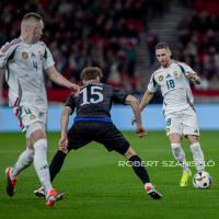 Zsolt Nagy of Hungary competes for the ball with Mergim Vojvoda of Kosovo during the friendly match at Puskás Aréna on March 26, 2024 in Budapest, Hungary.