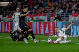 Adam Láng of Hungary competes for the ball with Donat Rrudhani of Kosovo during the friendly match at Puskás Aréna on March 26, 2024 in Budapest, Hungary.