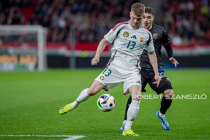 Andras Schafer of Hungary competes for the ball with Blendi Idrizi of Kosovo during the friendly match at Puskás Aréna on March 26, 2024 in Budapest, Hungary.