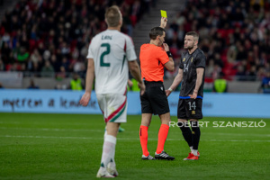 Valon Berisha of Kosovo gives his first yellow card during the friendly match at Puskás Aréna on March 26, 2024 in Budapest, Hungary.